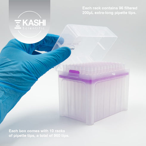 200uL Extended Universal Filter Racked Pipette Tips, Sterile DNase/RNase Free, Pyrogen Safe, 96 Tips