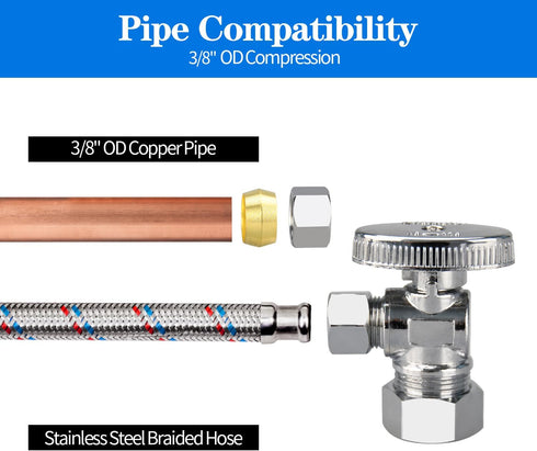 1/2" 3/8" Angle Stop Valve, Chrome Plated Brass for Kitchen, Faucet, Toilet Valves, 1/4 Turn