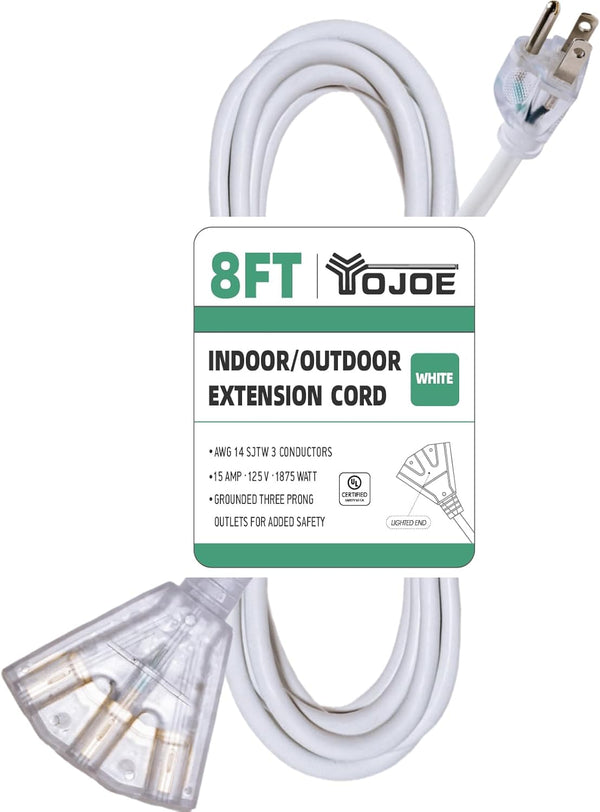 YOJOE 8 ft White Outdoor Extension Cord, 14/3 SJTW 3 Outlet Waterproof for Christmas Lights
