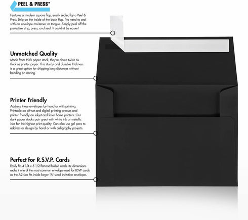 LUXPaper A2 Invitation Envelopes | 4 3/8" x 5 3/4" | 80lb. Text | Peel & Press | Black Linen | 50 Qty