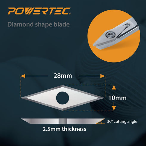POWERTEC 6 Pcs Tungsten Carbide Cutter Insert Set for Wood Lathe Tools with 11mm Flat Square, 12mm Round & 10 x 28mm Diamond, Blade Replacement for POWERTEC 71825 Lathe Tool Set (71829)