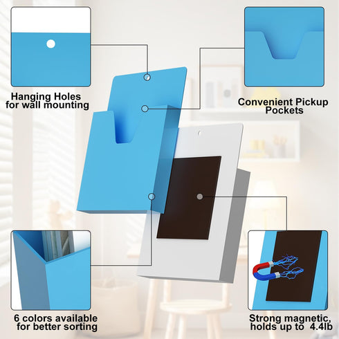 MFTEK Magnetic File Holder - 6 Pockets Paper Holder, Hanging File Organizer Magazine Rack for Office Supplies Storage