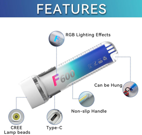 Rechargeable RGB Flashlight Super Bright LED Battery Powered with 9 Modes & IPX7 Waterproof for Emergencies