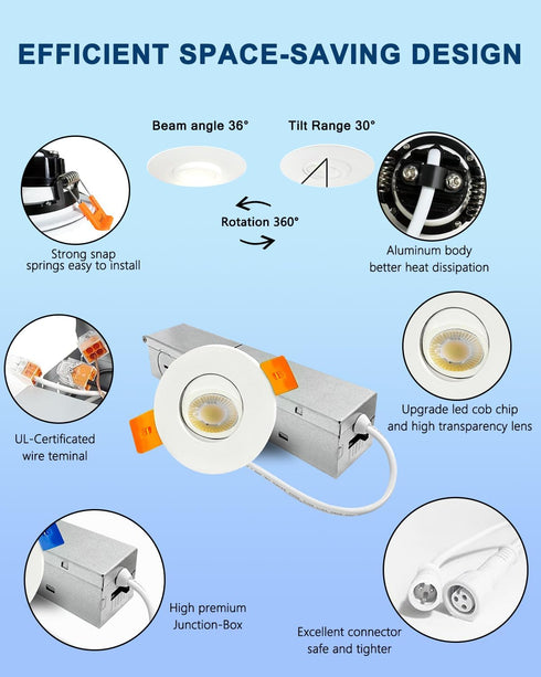 2 inch 5CCT 360 6W Dimmable Sublimation Gimbal Led Recessed Lights, Rotatable Adjustable Eyeball Downlight, Waterproof