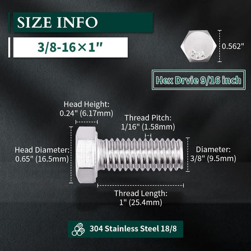 3/8-16 x 1 Hex Head Bolts Screws, 304 Stainless Steel 18-8, Fully Threaded, 10 PCS