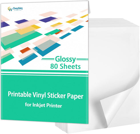 Gwybkq Glossy Sticker Paper Printable Vinyl for Inkjet Printer, 80 Sheets Labels