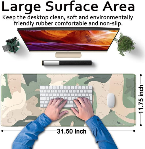 Green Simple Cat Desk Mat, Cute Long Mouse Pad for Laptop Gaming, Office Decor Accessories (31.5x11.8In)