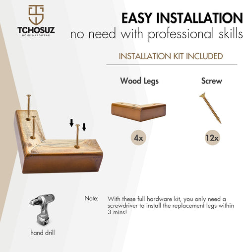 TCHOSUZ 4 Pack (2 Inch Solid Wood Furniture Legs, Walnut Corner Legs Height) - L-Shaped Bed Risers & Couch Feet
