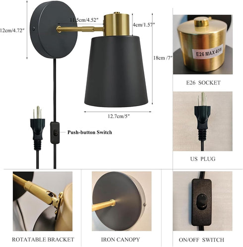 YJQHXY Set 2 3-Prong of Black & Gold Wall Sconces, Plug-in or Hardwired, Adjustable Metal Shade, Reading Lights