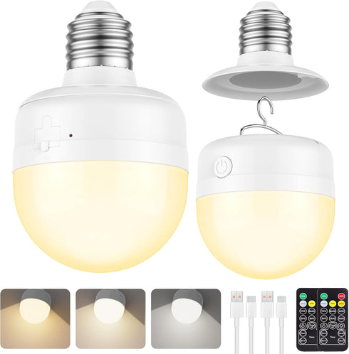 2Packs E26 Rechargeable Magnetic Light Bulbs with Remote and Hook, 10W 900LM