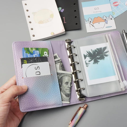 Purple PU Leather Budget Binder Cover, A7 6-Ring Money Organizer, Refillable Loose Leaf Receipt Notebook with Pockets