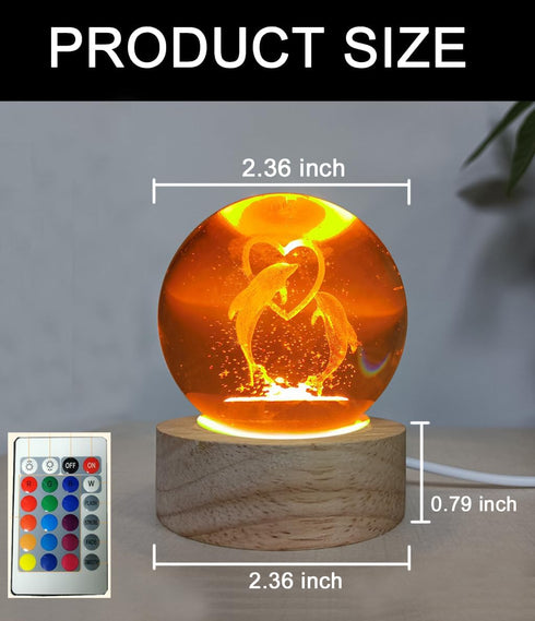 Zabalar 3D Crystal Dolphin Ball Light with Colorful LED Light Base,Heart Dolphin Lamp for Room,Color Changing Animal