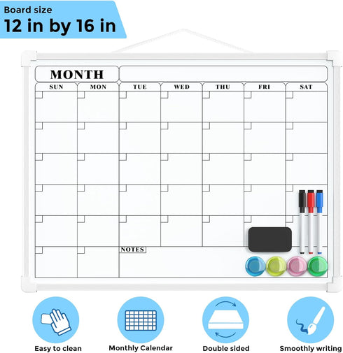MaxGear Monthly Calendar Dry Erase Board, 16"x12" Small Hanging Double-sided White Board for Planning, Memo