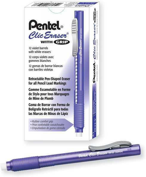 Pentel ZE22V Clic Eraser Grip, Retractable Eraser, Violet Barrel, Box of 12