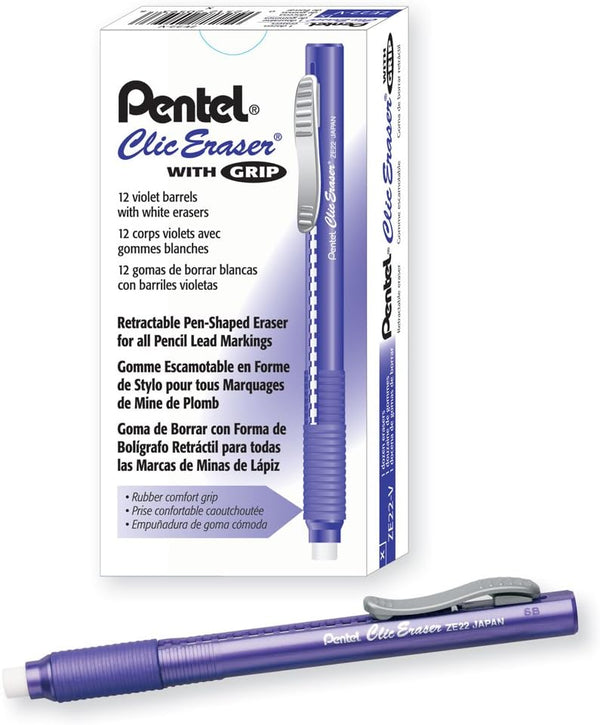 Pentel ZE22V Clic Eraser Grip, Retractable Eraser, Violet Barrel, Box of 12