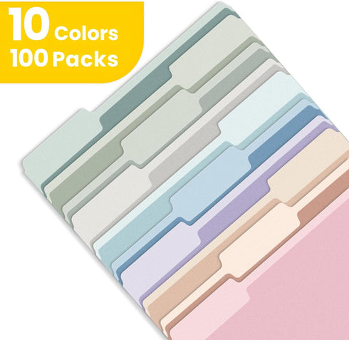 SUNEE File Folders, Letter Size, 10 Pastel Colors, 100 Pack Manila Folders, 1/3-Cut Tabs for Documents