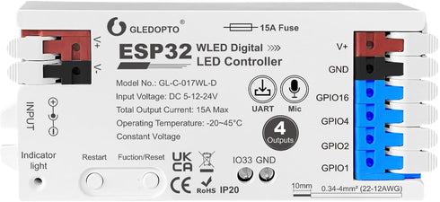 ESP32 WLED RGB IC LED Strip Controller 4 Channel Outputs 15A Fuse