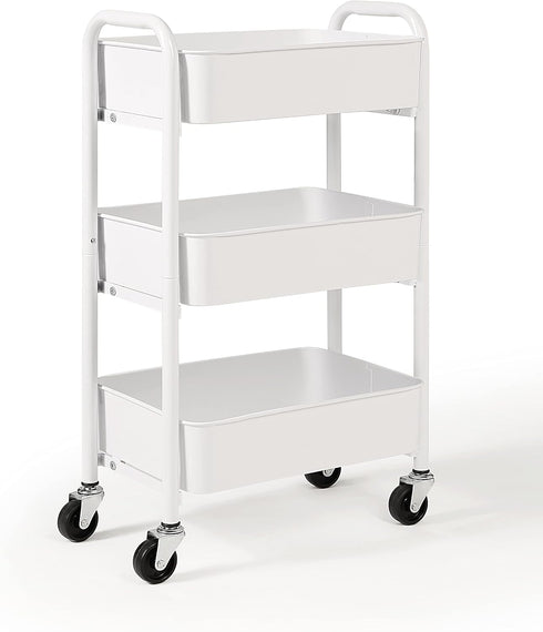 SunnyPoint 3-Tier Compact Rolling Metal Storage Organizer, Mobile Utility Cart for Kitchen/Under Desk, WHT