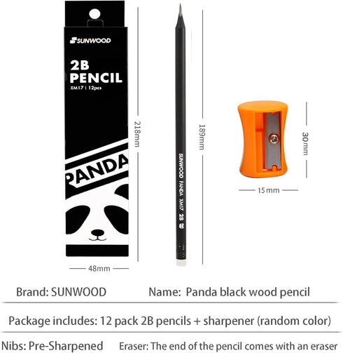 Panda 2B Black Wood Cased Graphite School Pencils, Pack of 12, Pre-Sharpened with Erasers for School, Office