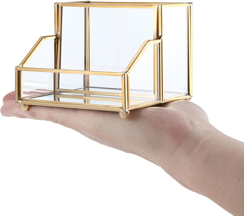 Hipiwe Glass Business Card Holder Stand with Pen/Pencil Organizer, Gold Business Name Cards Display Holder for Home