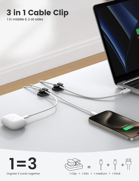 3-in-1 Cord Spring Clip Holder - Lamicall Small Clips for Desk Cable Organizer, Adhesive Adjustable Cable Holder for Charger Wire, USB Cord, Office, Car, Cord Management, Desk Accessories, 3Pcs