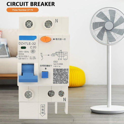 YWBL-WH DZ47LE-32 1P+N Circuit Breaker 16A 20A 230V Earth Leakage Safety Overload Short Circuit Protection(20A)