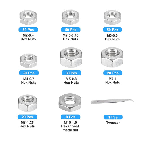 Hex Nuts Assortment Kit, 278Pcs (M2-0.4 to M10-1.5), 304 Stainless Steel Hardware with Tweezer