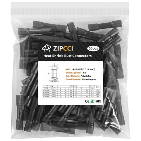 14-12 AWG Butt Connectors, 50Pcs Black Electrical Wire Connector, Insulated Waterproof for Automotive