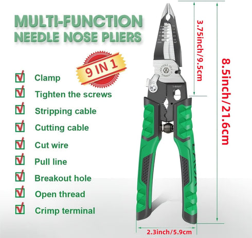 LAOA Needle Nose Pliers Electrician Pliers Wire Stripper Wire Stripper Tool,9-in-1 Multifunctional for Clamping,Tightening Screws,Stripping Wires,Cutting Cables,Iron Wires with 1pc blade by LAOA