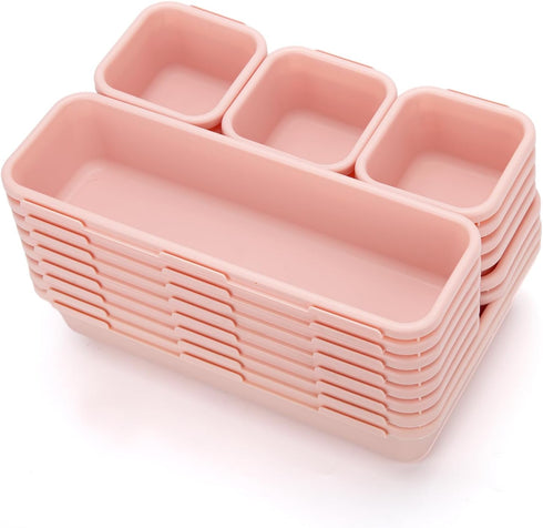 KeFanta 22 Pack Desk Drawer Organizers, Interlocking Storage with 3 Sizes for Office, Bathroom, Pink