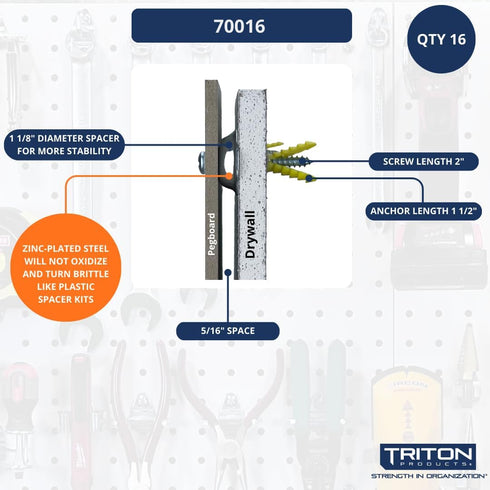 Triton Products 16-Piece Pegboard Mounting and Spacer Kit, Zinc-Plated Steel for Wall and Garage Organization