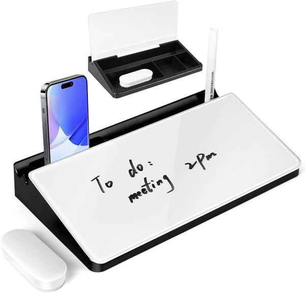 Varhomax Small Glass Desk Whiteboard, Dry Erase Board with Storage Caddy for Office and Home