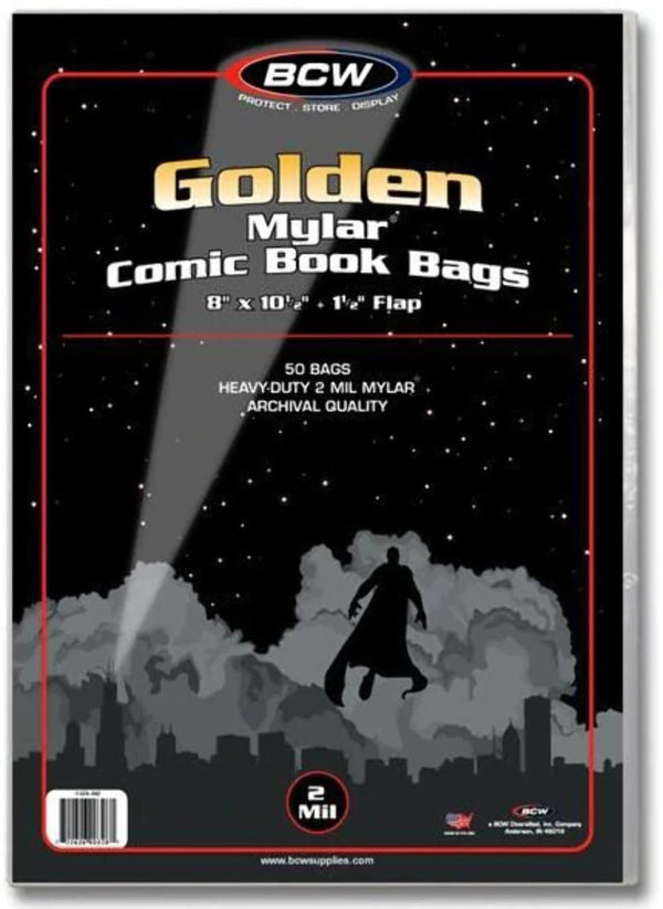 BCW Golden Mylar Comic Bags, 2 MIL, Fits Golden Age Comics, 1.5" Flap