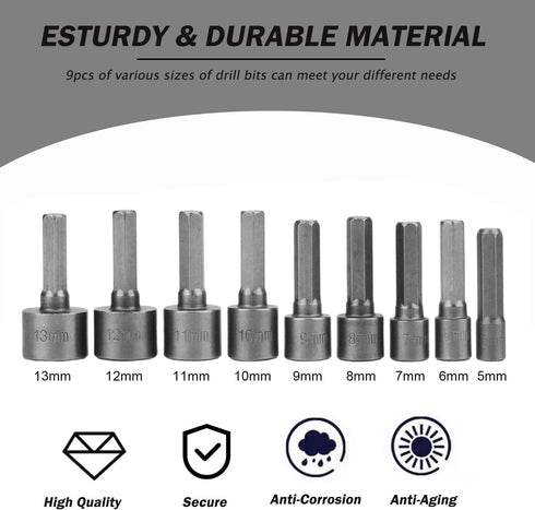 9pcs Nut Driver Drill Bit Set, Impact Ready Socket Bit Chuck Adapter 1/4" Hex Shank 5-13mm Metric Socket