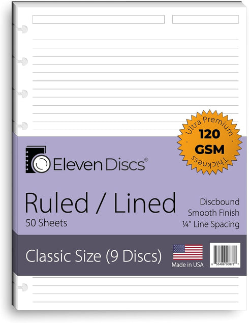 Classic Size Discbound Paper - Ruled/Lined Sheets, Premium 120gsm Heavyweight Notebook & Planner Refills, 9 Discs, 7 x