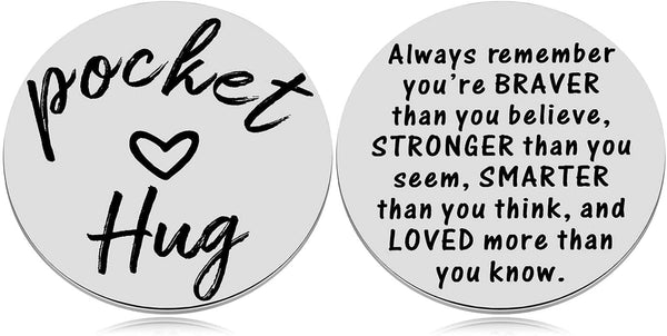 MIXJOY 2-Sided Pocket Hug Token - You Are Braver Than You Believe, Love Gift Miss You Note, 1.5", Silver