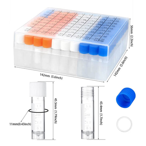 100PCS 2ml Plastic Small Vials with Screw Caps Sample Tubes Cryotubes,PP Material, Free from DNase, RNase, Human DNA
