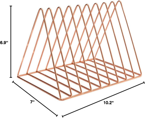 Sooyee 9 Slot Rose Gold Magazine Holder, Desktop File Sorter Organizer, Triangle Bookshelf Decor for Home Office