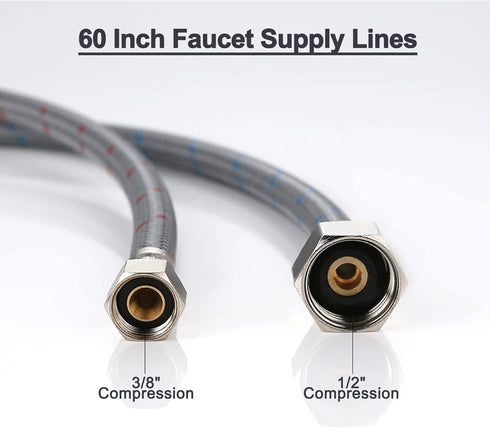 ARCORA 60" Sink Hose Attachment, Braided Nylon Faucet Supply Lines, 3/8" Female Compression x 1/2" Comp, 2Pcs