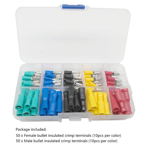 Bullet Butt Connectors, Sopoby 100pcs Assorted Insulated Female & Male Crimp Wire Terminals Brass, 22-16 AWG, 5 Colors