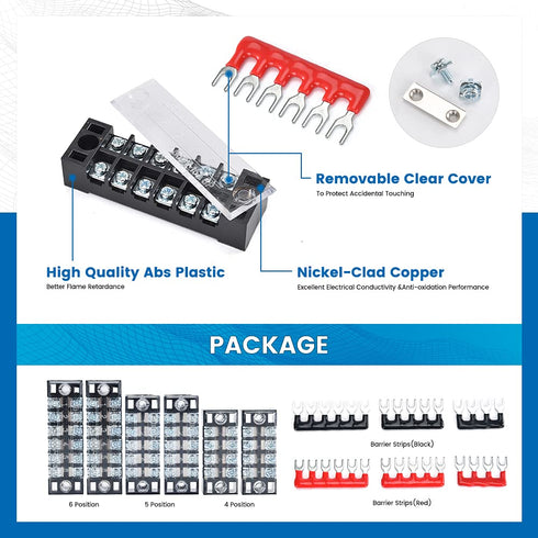 6 Sets Terminal Blocks, 6Pcs 4/5/6 Positions 600V 15A Dual Row Screw Terminal Strip Block + Insulated Terminals