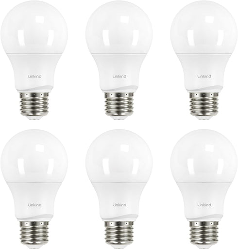 Linkind A19 LED Light Bulbs Dimmable, 60W Equivalent, 2700K Soft White, 9.5W 800 Lumens, E26 Standard Base, 6 Packs