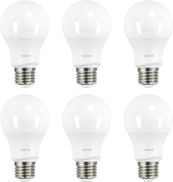 Linkind A19 LED Light Bulbs Dimmable, 60W Equivalent, 2700K Soft White, 9.5W 800 Lumens, E26 Standard Base, 6 Packs