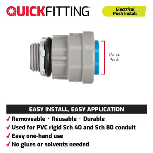 QuickFitting 1/2 inch Junction Box Connector | Push Install PVC Electrical Conduit Fitting | for Rigid Sch 40 and Sch 80 PVC Conduit | 10-Pack Liquid Tight Conduit Box Connectors