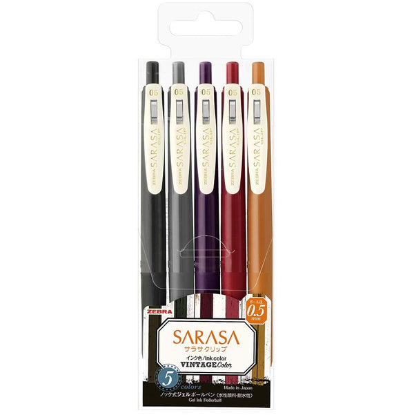 Zebra Sarasa Clip Gel Ink Ballpoint Pen 0.5mm, Vintage Colors, 5 Colors Set with Rubber Grip (JJ15-5C-VI2)