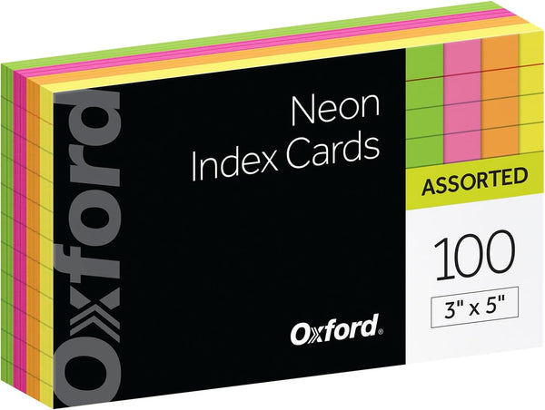 Oxford Neon Index Cards, 3" x 5", Ruled, Assorted Colors, 100 Per Pack