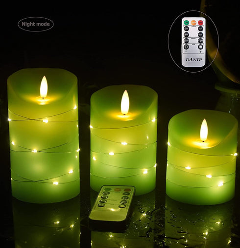 danip 3 10-Key 24-Hour Green LED flameless Candle with Embedded Starlight String, LED Candles, Remote Control, Timer