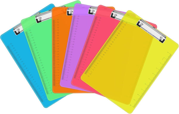 Plastic Clipboards, PANDRI 6 Pack Clear Colored Clipboards, Low Profile Clip Board 12.5 x 9 Inch Standard Letter Size