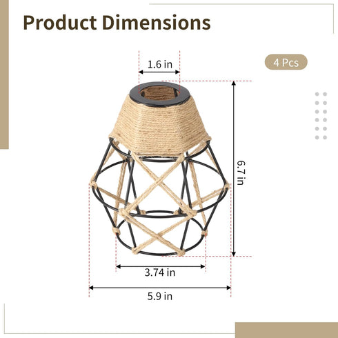 Toyosport 4 6.7 E27 Pcs Pendant Lamp Shade, Diamond Shape Metal Cage Lampshade with Hemp Rope, in H, DIY Retro Vintage