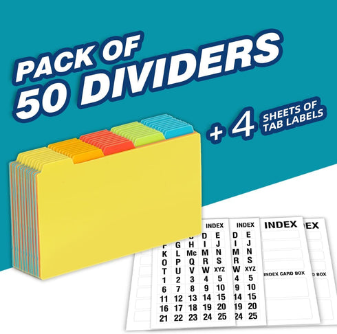 chell 5x8 Pack 50 Plastic Index Card Dividers, Heavyweight Poly Index Card Guides A-Z for Flash Cards and Recipe Cards